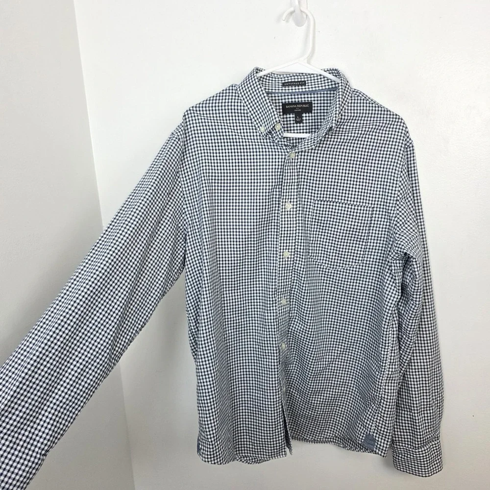 Banana Republic‎ Navy White Gingham Oxford Untucked Fit Button Up Shirt Sz Large